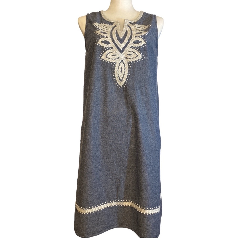 Mud Pie Navy Blue Shift Dress with White Embroidered Accents